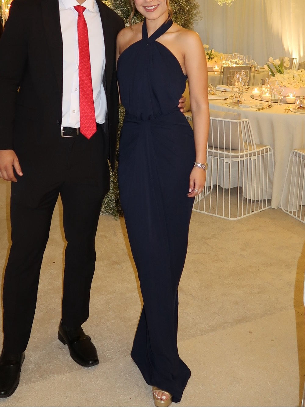 cinq a sept Navy Backless Halter Gown